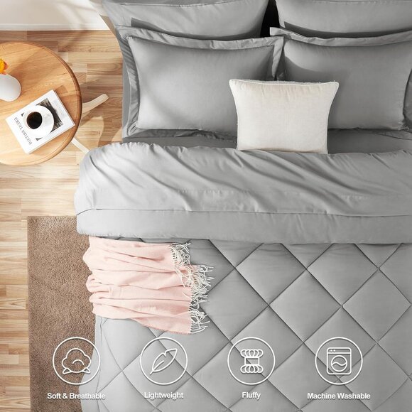 7 Pieces, Queen Luxury Soft Bed Set for All Seasons, Bedding Set-Light Grey - Picture 2 of 7